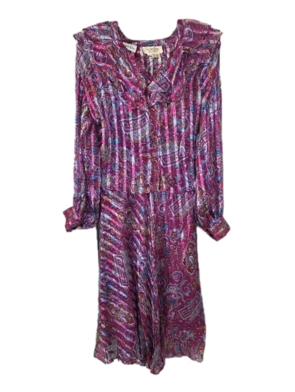 Vtg The Silk Farm Silk 2 Piece Set Size 6 Magenta Paisley Gold Detail Flowy